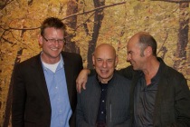 Brian Eno, former Roxy music keyboard player and inventor of ambient music, together with Mark Lynas, author and environmental campaigner, and Robert Stone, film director, in London, 2013.